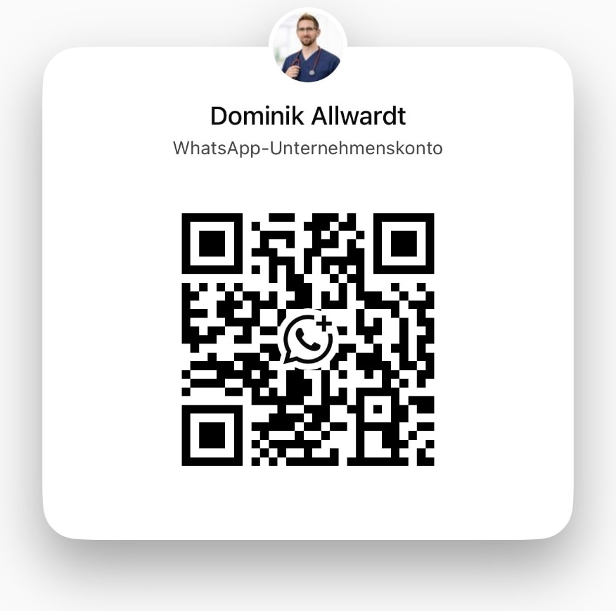 WhatsApp-QR-Code zum Chat mit Dominik Allwardt (WhatsApp-Unternehmenskonto). Mit der Kamera scannen, um einen Chat zu beginnen.