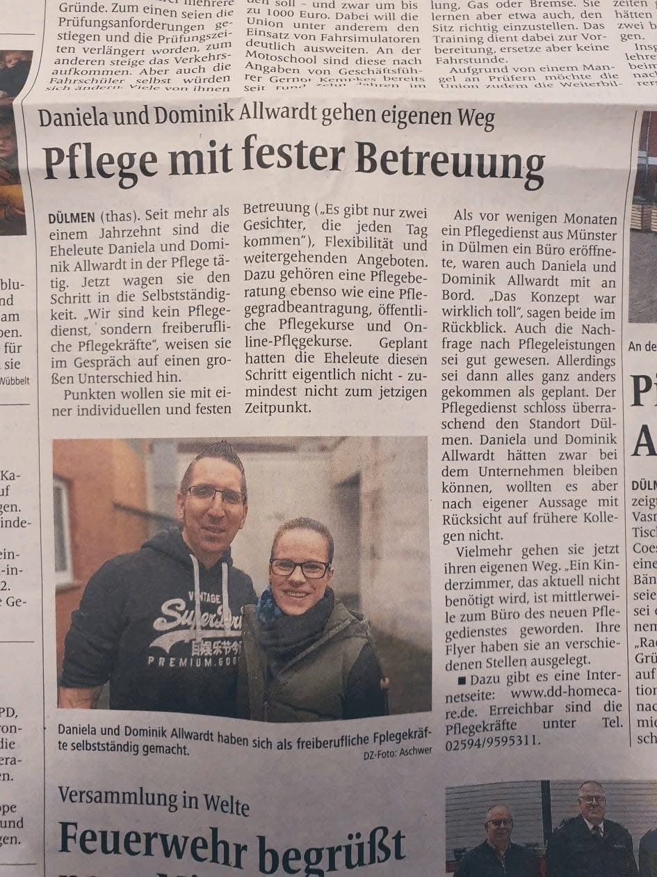Zeitungsartikel der Dülmener Zeitung: „Pflege mit fester Betreuung“