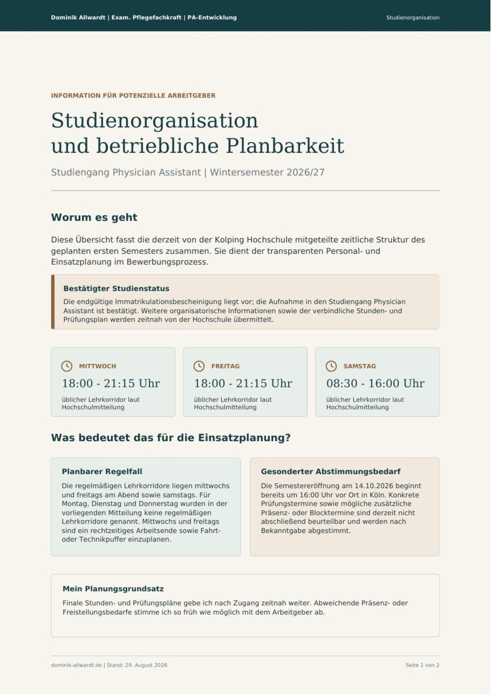 Erste Seite von Studienorganisation und betriebliche Planbarkeit (WS 2026/27)